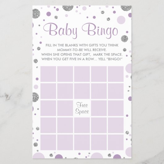 Babydusche Bingo, Imitate Confetti, Lila, Silber Flyer (Vorne)