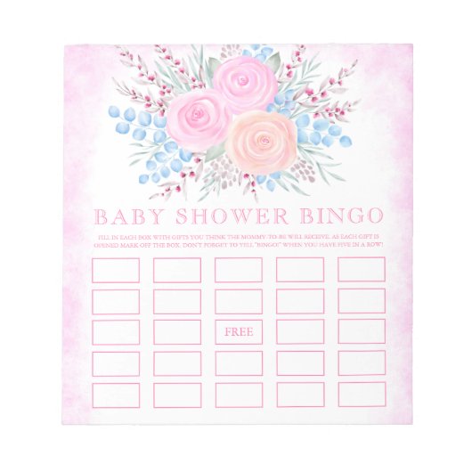 Babydusche Bingo Wasserfarbe Bouquet Pink Roses Notizblock (Vorderseite)