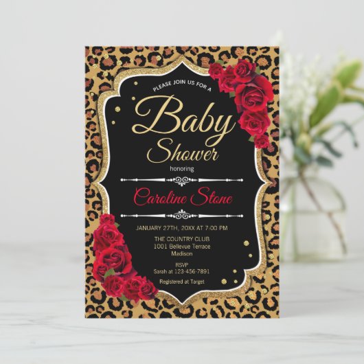 Babydusche - Black Red Gold Leopard Print Einladung (Stehend Vorderseite)