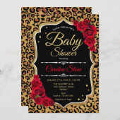 Babydusche - Black Red Gold Leopard Print Einladung (Vorne/Hinten)