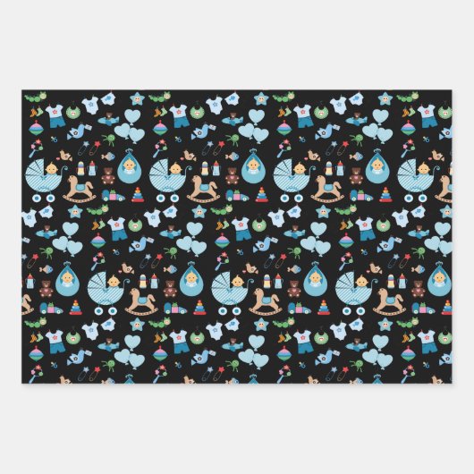 Babydusche Blau/Schwarz Umhüllungspapier Geschenkpapier Set (Vorderseite)