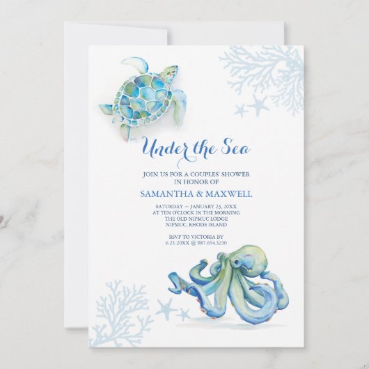 Babydusche Blau unter der Meeresküste Wasserfarbe Einladung (Vorderseite)