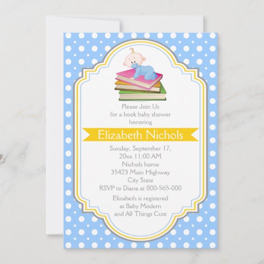 Babydusche blau, weißes Polka-Punktmuster Einladung (Vorderseite)