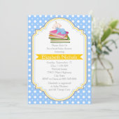 Babydusche blau, weißes Polka-Punktmuster Einladung (Stehend Vorderseite)