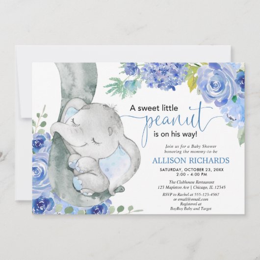 Babydusche, blaue Elefantenwasserfarben Einladung (Vorderseite)