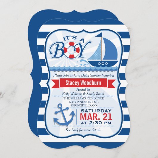 Babydusche; blaue und weiße Streifen Einladung (Vorne/Hinten)