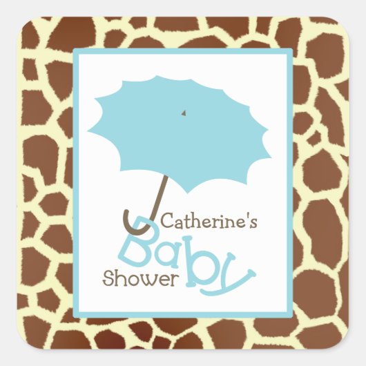 Babydusche Blauer Regenschirm & Giraffe Print Quadratischer Aufkleber (Vorderseite)