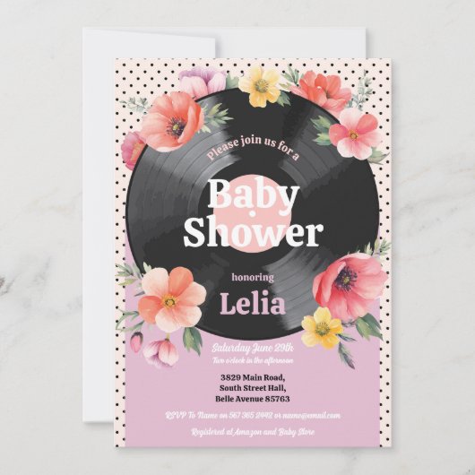 Babydusche Bloral Summer Record Music Party Einladung (Vorderseite)