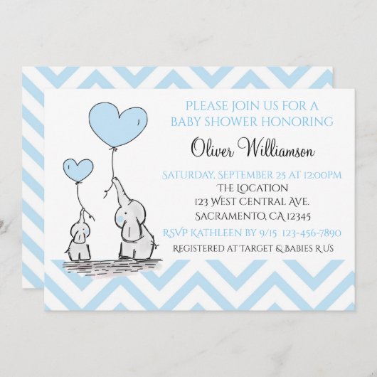 Babydusche Blue Baby Elephant mit Herz Custom Einladung (Vorne/Hinten)
