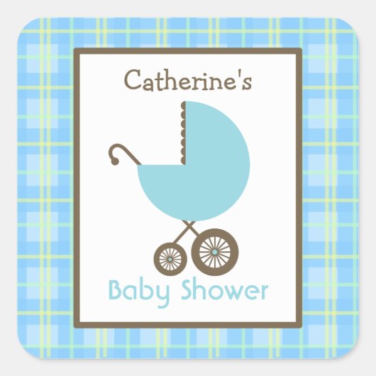 Babydusche Blue Carriage & Kariert Quadratischer Aufkleber (Vorderseite)
