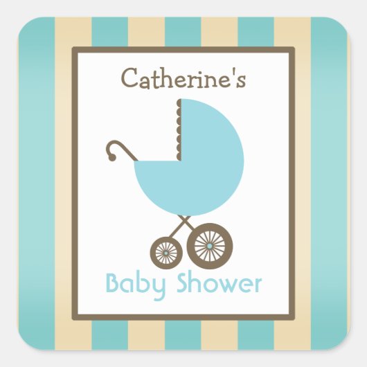 Babydusche Blue Carriage & Stripes Quadratischer Aufkleber (Vorderseite)
