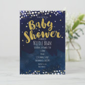 Babydusche Blue & Gold Starry Night Einladungen (Stehend Vorderseite)