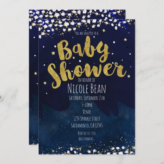 Babydusche Blue & Gold Starry Night Einladungen (Vorne/Hinten)