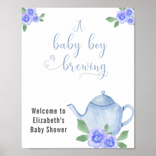 Babydusche Blue Teapot und Blume Willkommen Poster (Vorne)