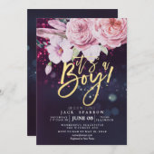 Babydusche Boho Blumenzather Lila Bokeh Light Einladung (Vorne/Hinten)