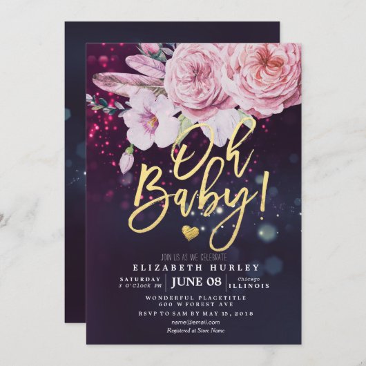 Babydusche Boho Blumenzather Lila Bokeh Light Einladung (Vorne/Hinten)