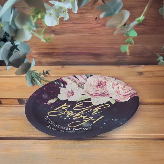 Babydusche Boho Blumenzather Lila Bokeh Light Pappteller