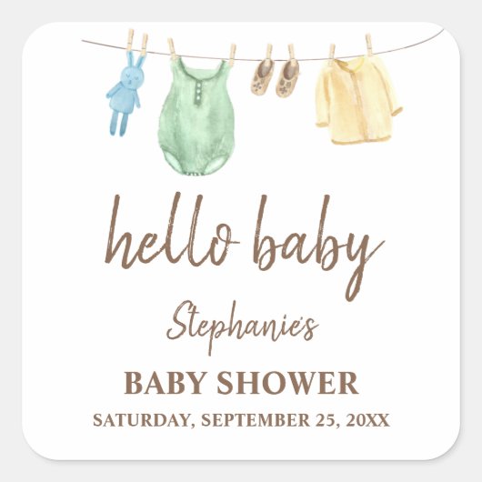 Babydusche Boho Kleidung Line Hallo Baby Quadratischer Aufkleber (Vorderseite)