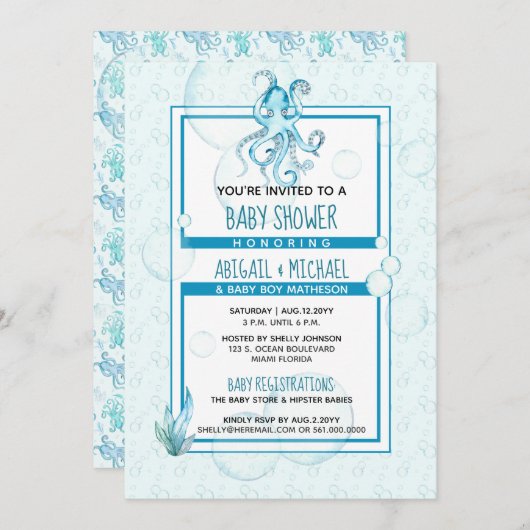 Babydusche #Boy Blue & Aquamarin Watercolor #Octop Einladung (Vorne/Hinten)