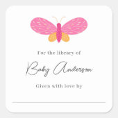 Babydusche Buchzeichen rosa Schmetterling Quadratischer Aufkleber (Vorderseite)