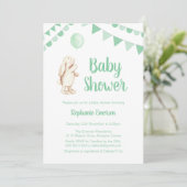 Babydusche Bunny & Balloon Green Einladung (Stehend Vorderseite)