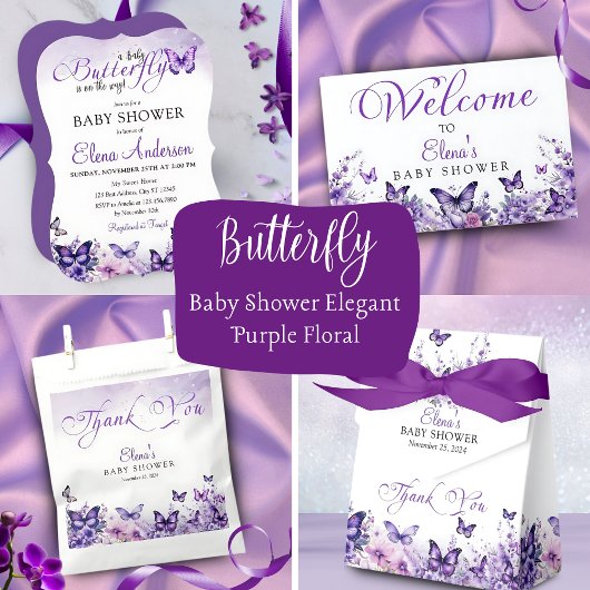 Babydusche Butterfly Elegantes Lila Blumenmuster Dankeskarte