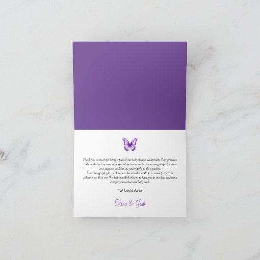 Babydusche Butterfly Elegantes Lila Blumenmuster Dankeskarte (Innenseite)
