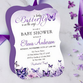 Babydusche Butterfly Elegantes Lila Blumenmuster Einladung