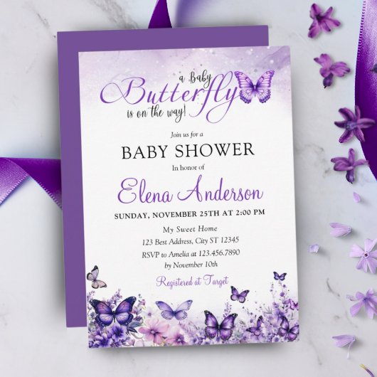 Babydusche Butterfly Elegantes Lila Blumenmuster Einladung