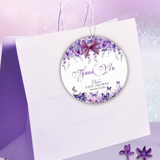 Babydusche Butterfly Elegantes Lila Blumenmuster Geschenkanhänger