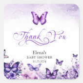 Babydusche Butterfly Elegantes Lila Blumenmuster Quadratischer Aufkleber (Vorderseite)