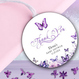 Babydusche Butterfly Elegantes Lila Blumenmuster Runder Aufkleber