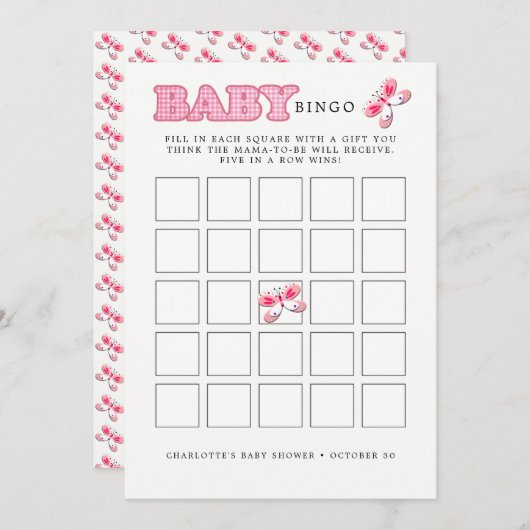 Babydusche Butterfly Pink Baby Girl Bingo Card Einladung (Vorne/Hinten)