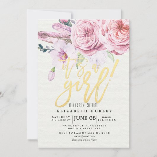 Babydusche Chic Watercolor Boho Blumenfeder Einladung (Vorderseite)