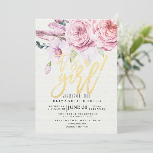 Babydusche Chic Watercolor Boho Blumenfeder Einladung (Stehend Vorderseite)