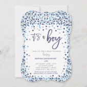 Babydusche Confetti Einladung Blau und Silber (Vorderseite)