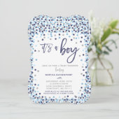 Babydusche Confetti Einladung Blau und Silber (Stehend Vorderseite)