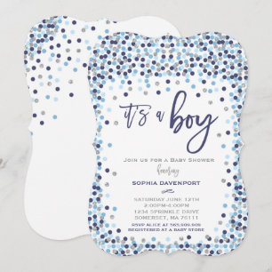 Babydusche Confetti Einladung Blau und Silber