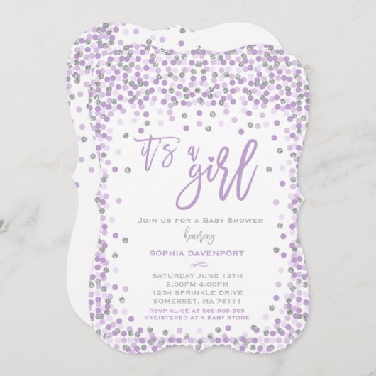 Babydusche Confetti Einladung Lavender & Silver (Vorne/Hinten)