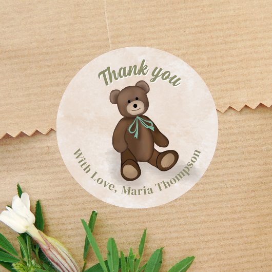 Babydusche Danke Green Teddy Bear Runder Aufkleber