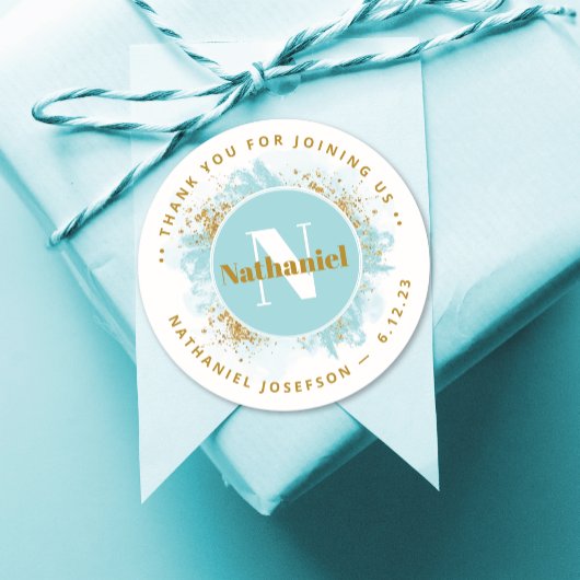 Babydusche Danke Monogram Watercolor Glitzer Runder Aufkleber