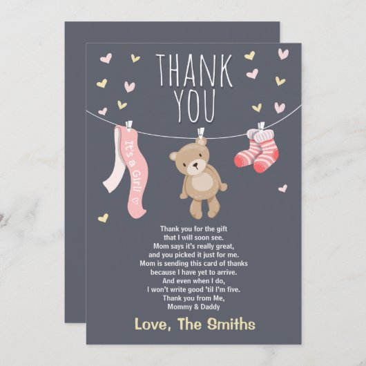 Babydusche Dankeschön Teddy Bear Pink Girl Dankeskarte (Vorne/Hinten)