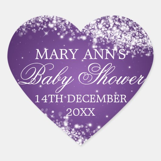 Babydusche Datum Funkeln Welle Lila Herz-Aufkleber (Vorderseite)