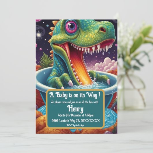 Babydusche Dino-Mite-Party-Design Einladung (Stehend Vorderseite)