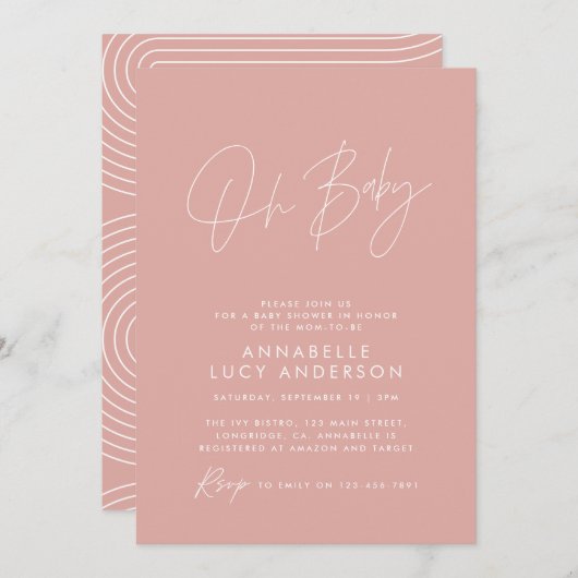 Babydusche Drehbuch moderne Rose pink elegant Einladung (Vorne/Hinten)