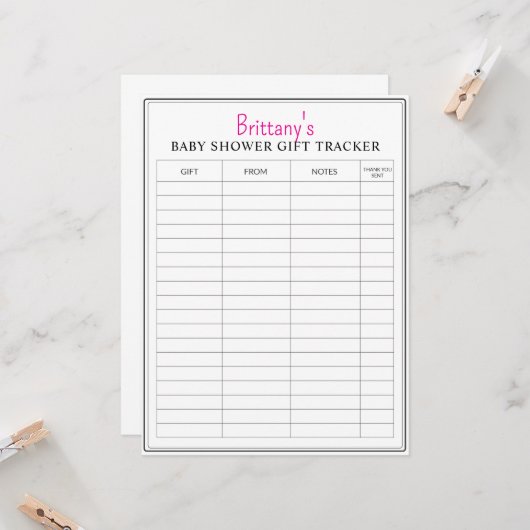 Babydusche druckbare Geschenktracker Karte (Vorderseite/Rückseite Beispiel)