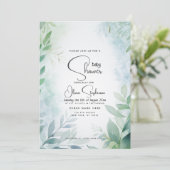 Babydusche - Dusty Blue Leafy QR Einladung (Stehend Vorderseite)