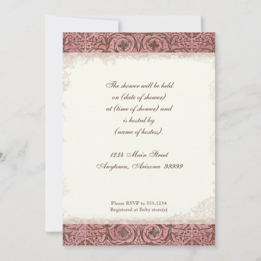 Babydusche einladen - rosa braune Damaskuckle Einladung (Rückseite)