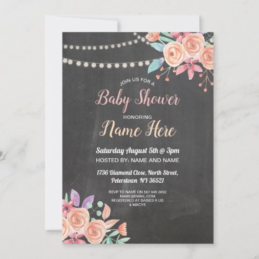 Babydusche Einladende Pfirsichs Blume Party Lilac  Einladung (Vorderseite)