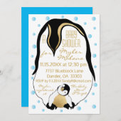 Babydusche Einladung Blue Baby & Mommy Pinguine (Vorne/Hinten)